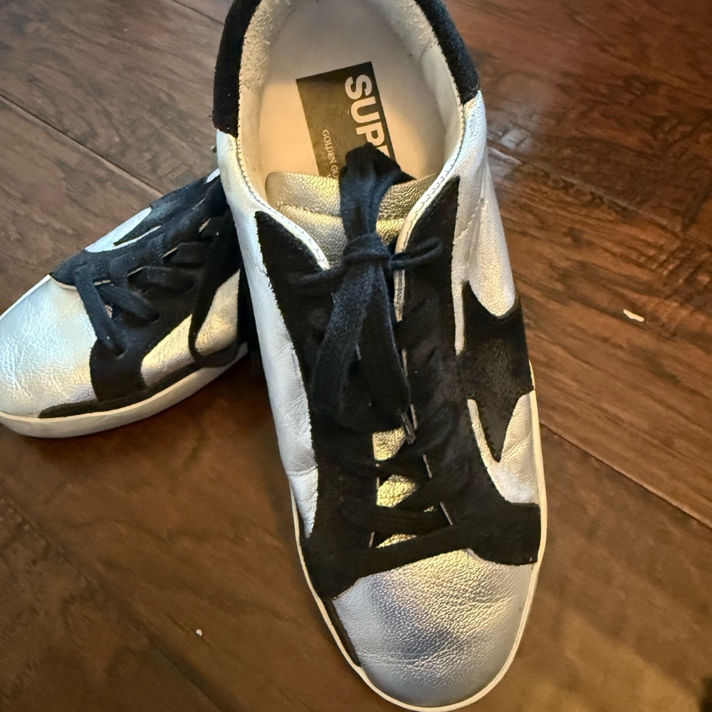 Golden Goose Silver and Black Sneakers 35